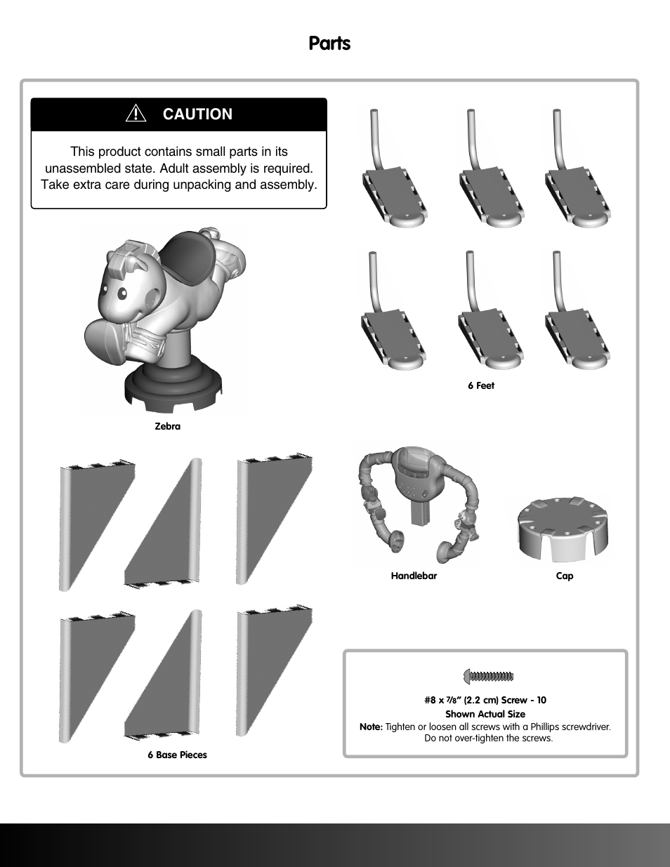 Parts, Caution | Fisher-Price BOUNCE & SPIN ZEBRA K0317 User Manual | Page 2 / 6