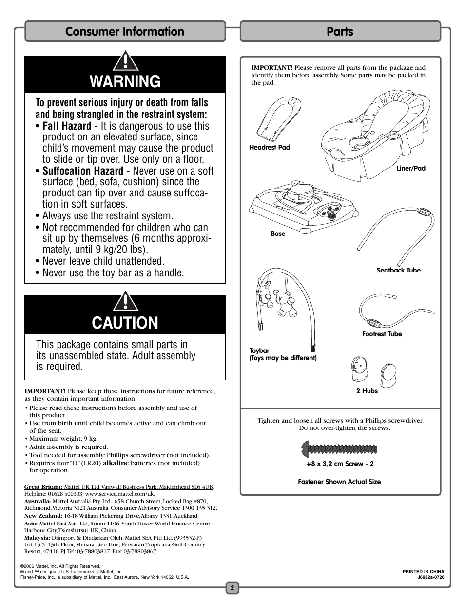 Warning, Caution, Consumer information | Parts | Fisher-Price J6982 User Manual | Page 2 / 8