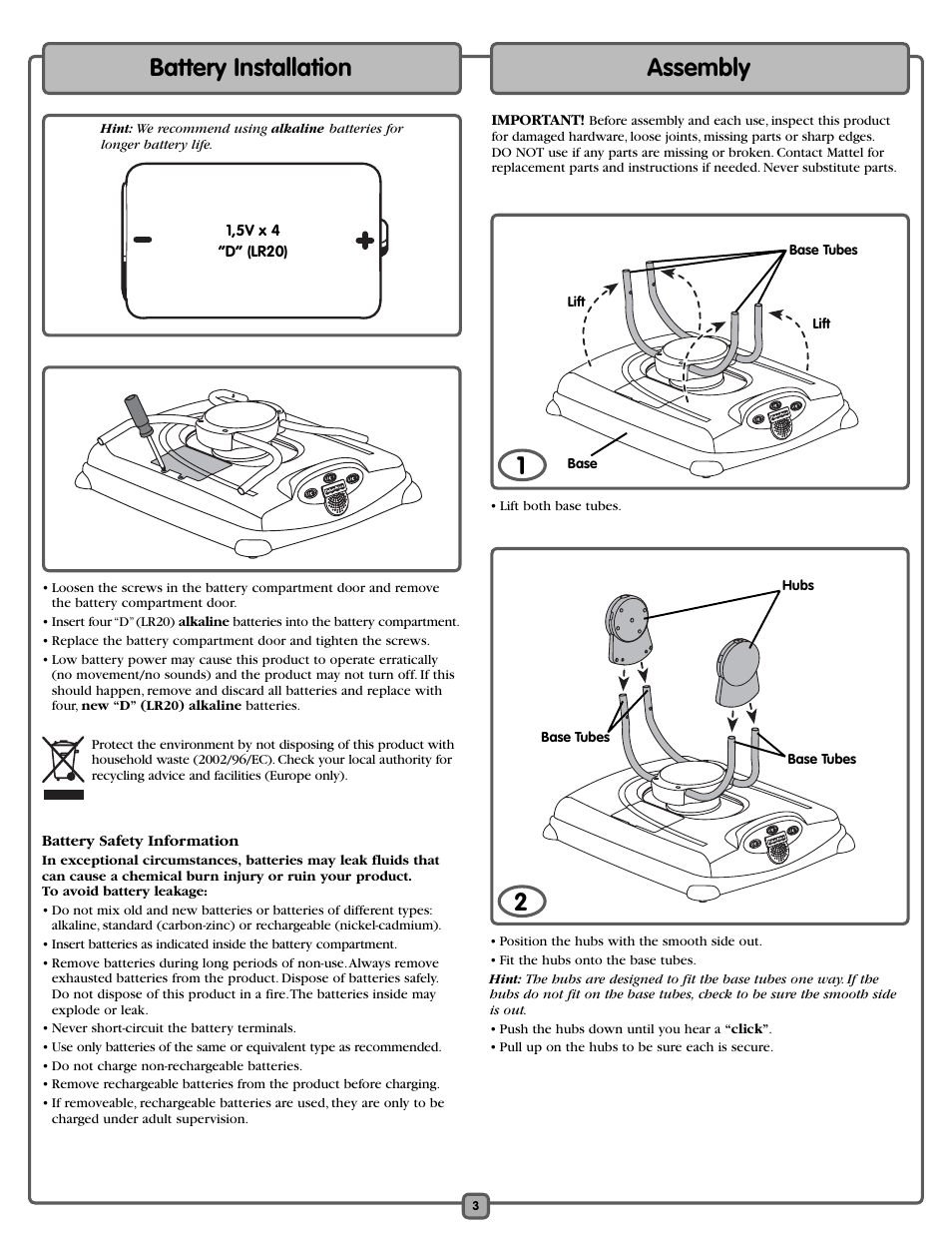 Battery installation, Assembly | Fisher-Price J6982 User Manual | Page 3 / 8