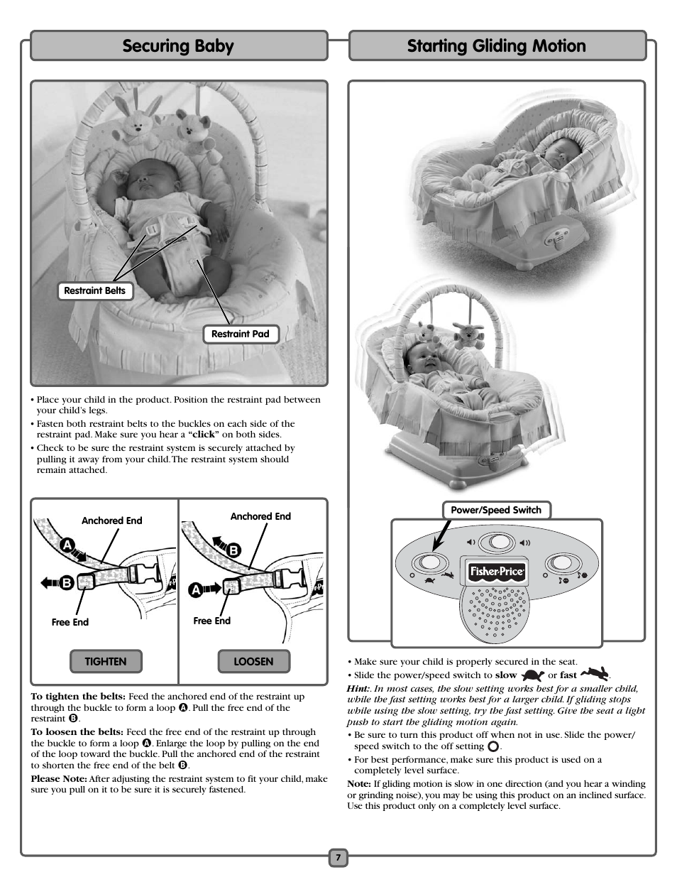 Securing baby, Starting gliding motion | Fisher-Price J6982 User Manual | Page 7 / 8