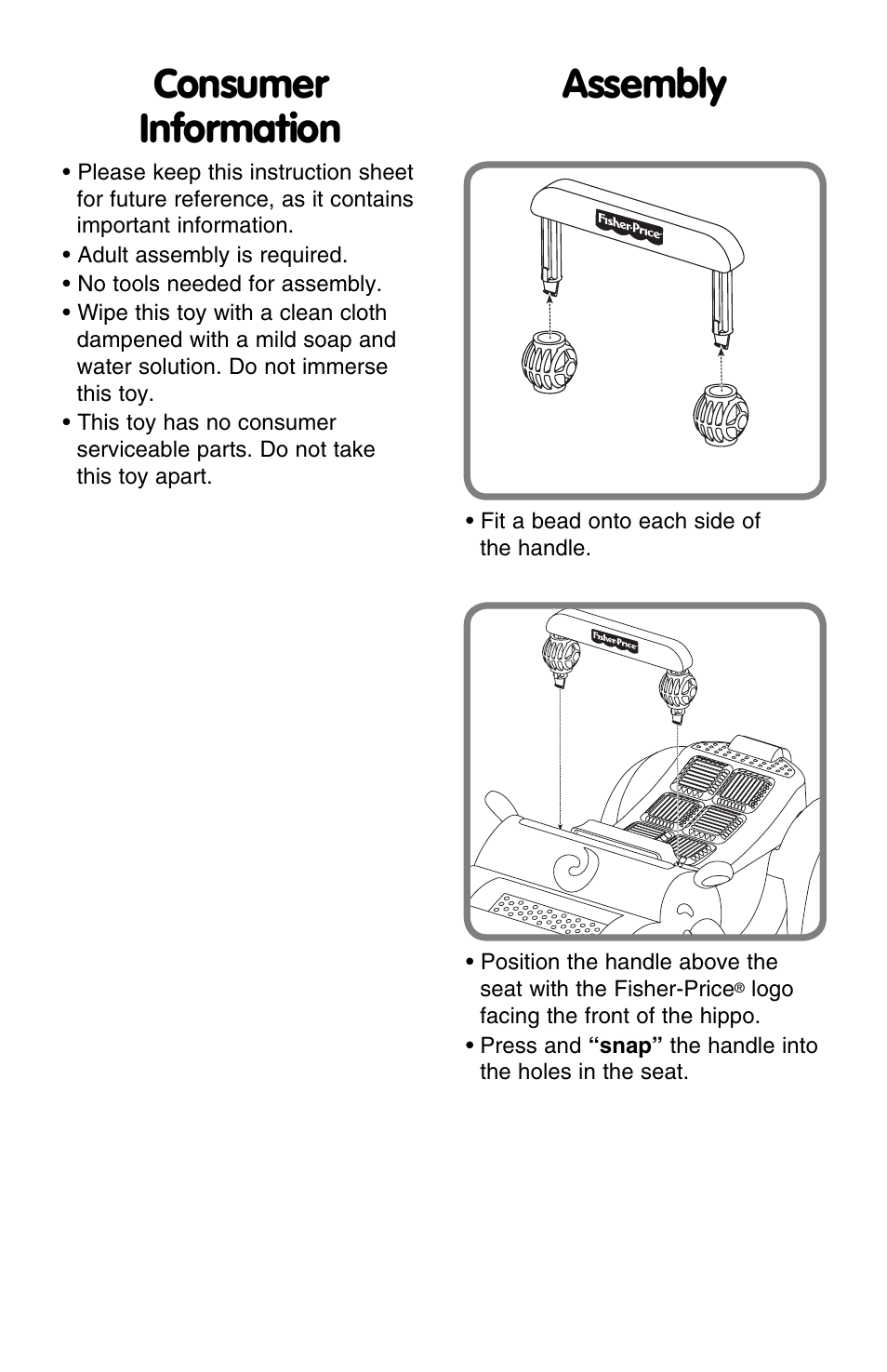 Assembly, Consumer information | Fisher-Price C5843 User Manual | Page 2 / 4