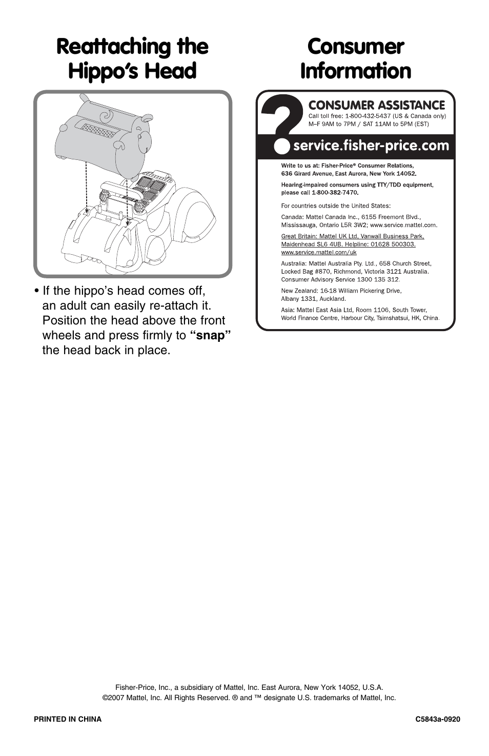 Reattaching the hippo’s head, Consumer information | Fisher-Price C5843 User Manual | Page 4 / 4
