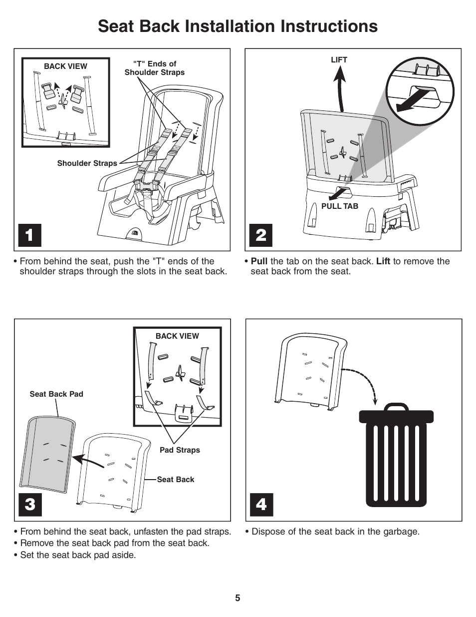 Seat back installation instructions | Fisher-Price 3-IN-1 HIGH CHAIR TO BOOSTER P6028 User Manual | Page 5 / 8