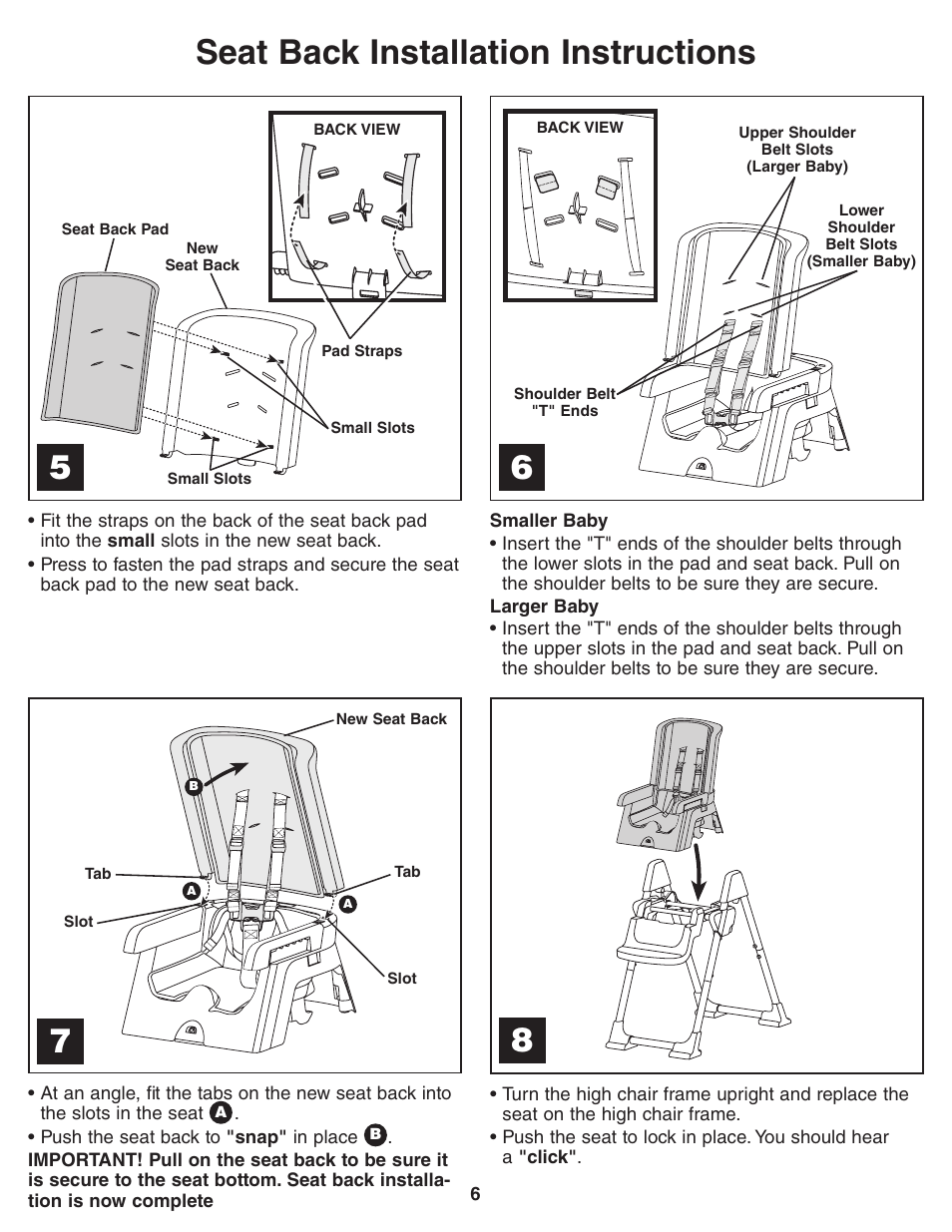 Seat back installation instructions | Fisher-Price 3-IN-1 HIGH CHAIR TO BOOSTER P6028 User Manual | Page 6 / 8