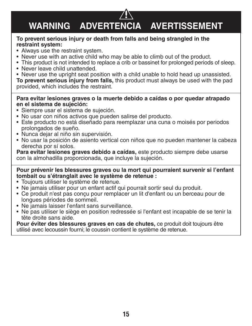 Warning advertencia avertissement | Fisher-Price W9510 User Manual | Page 15 / 24