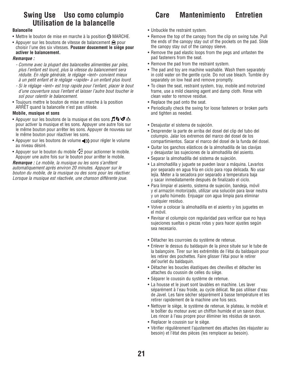 Care mantenimiento entretien | Fisher-Price W9510 User Manual | Page 21 / 24