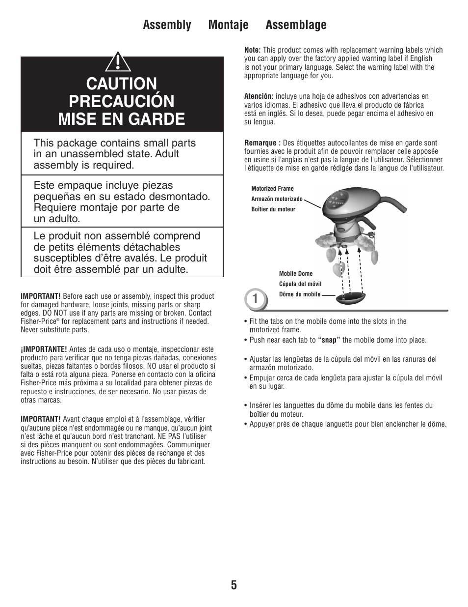 Caution precaución mise en garde, Assembly montaje assemblage | Fisher-Price W9510 User Manual | Page 5 / 24