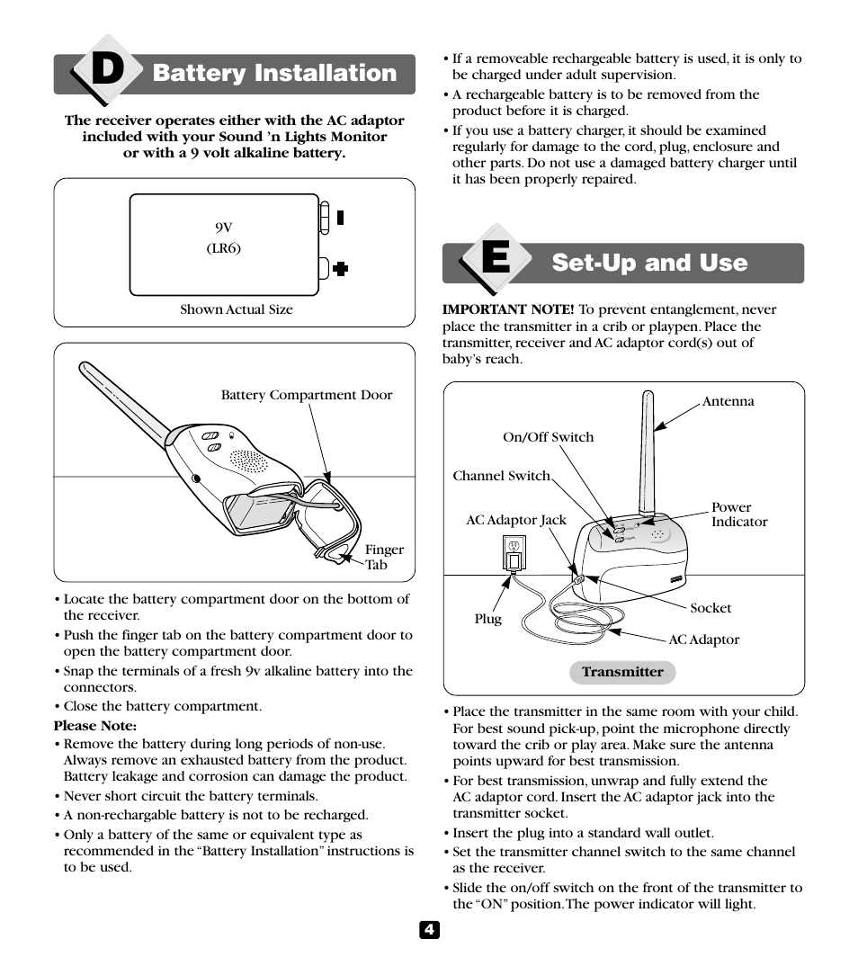 Set-up and use, Battery installation | Fisher-Price 71565 User Manual | Page 4 / 8