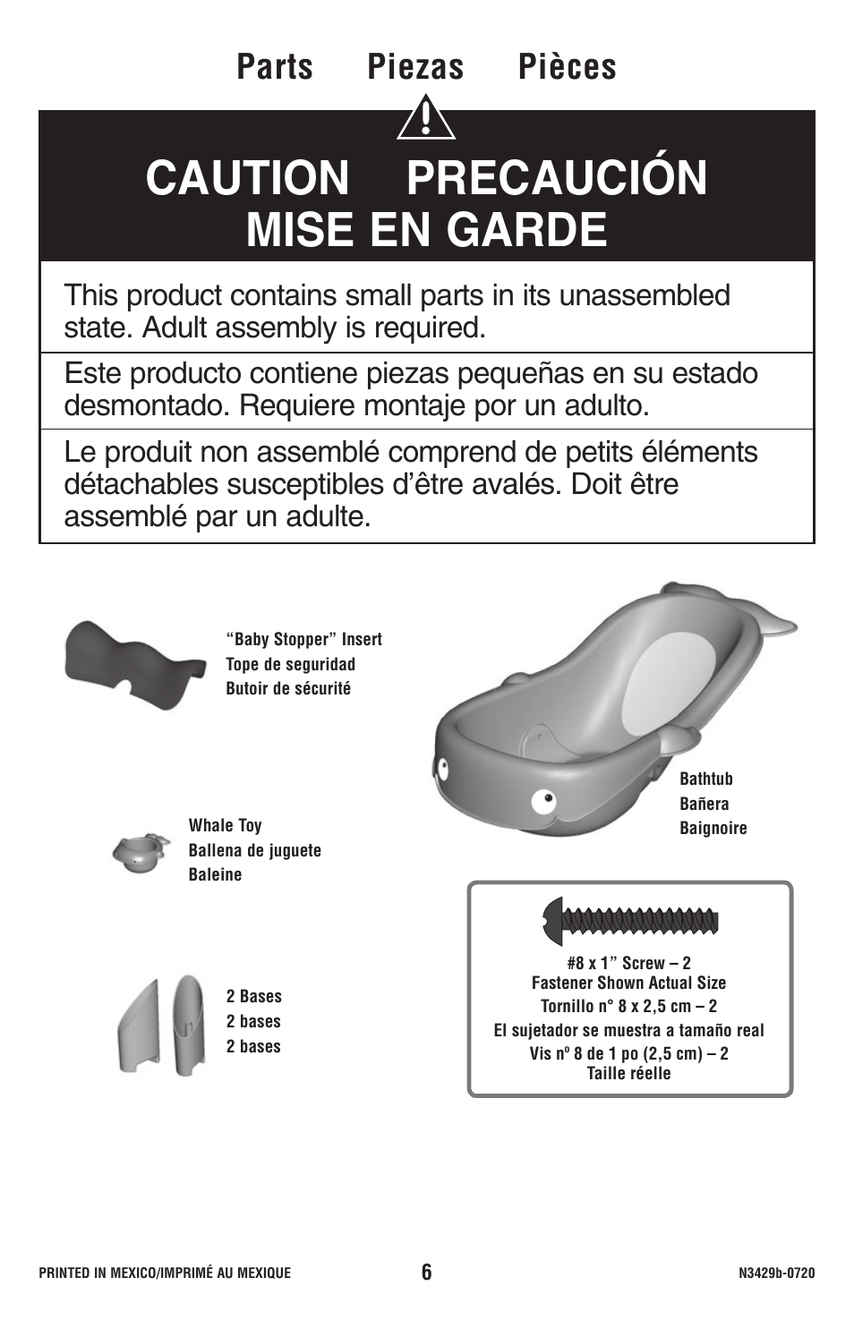 Caution precaución mise en garde, Parts piezas pièces | Fisher-Price P9438 User Manual | Page 6 / 12