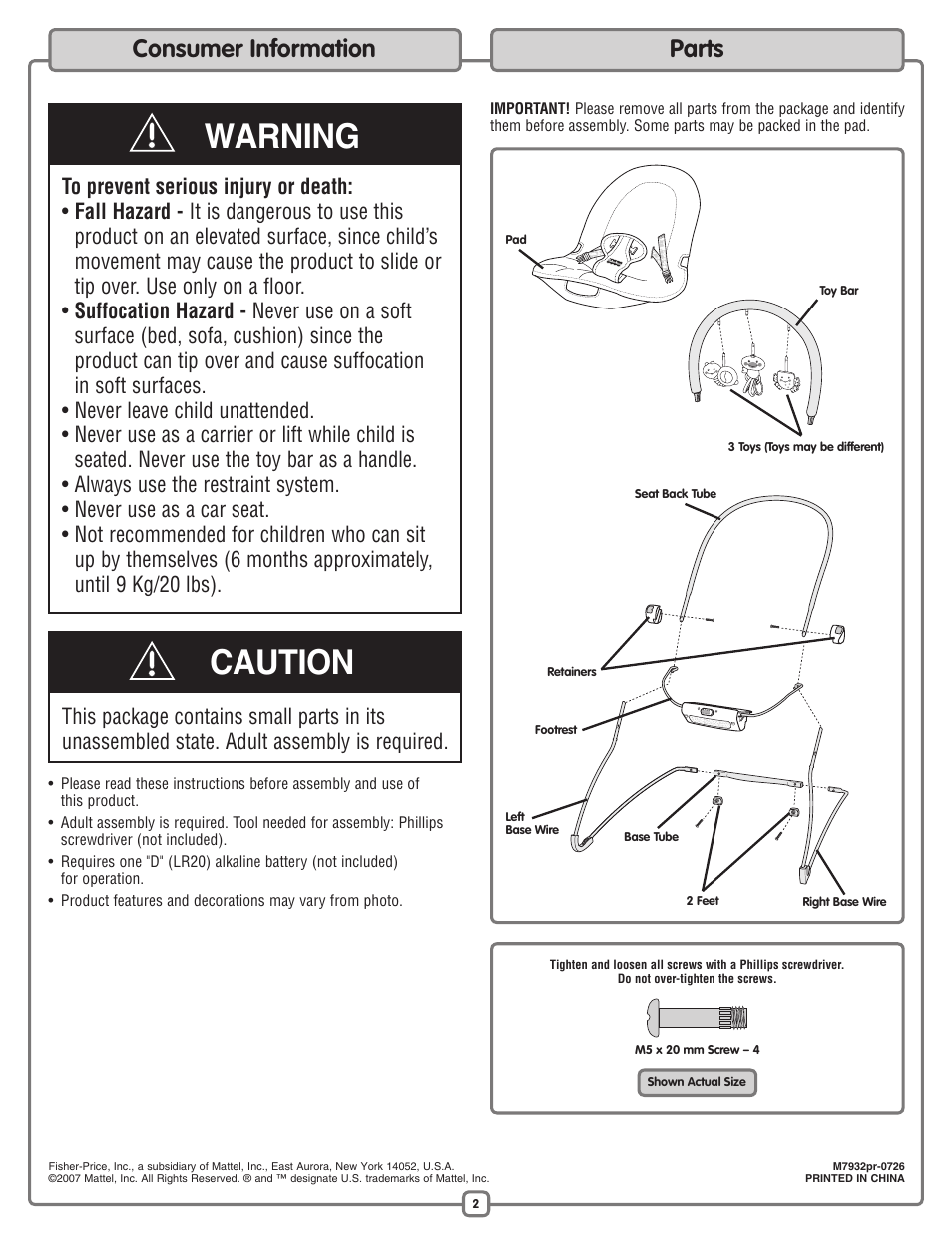 Warning caution, Consumer information parts | Fisher-Price M7932 User Manual | Page 2 / 8