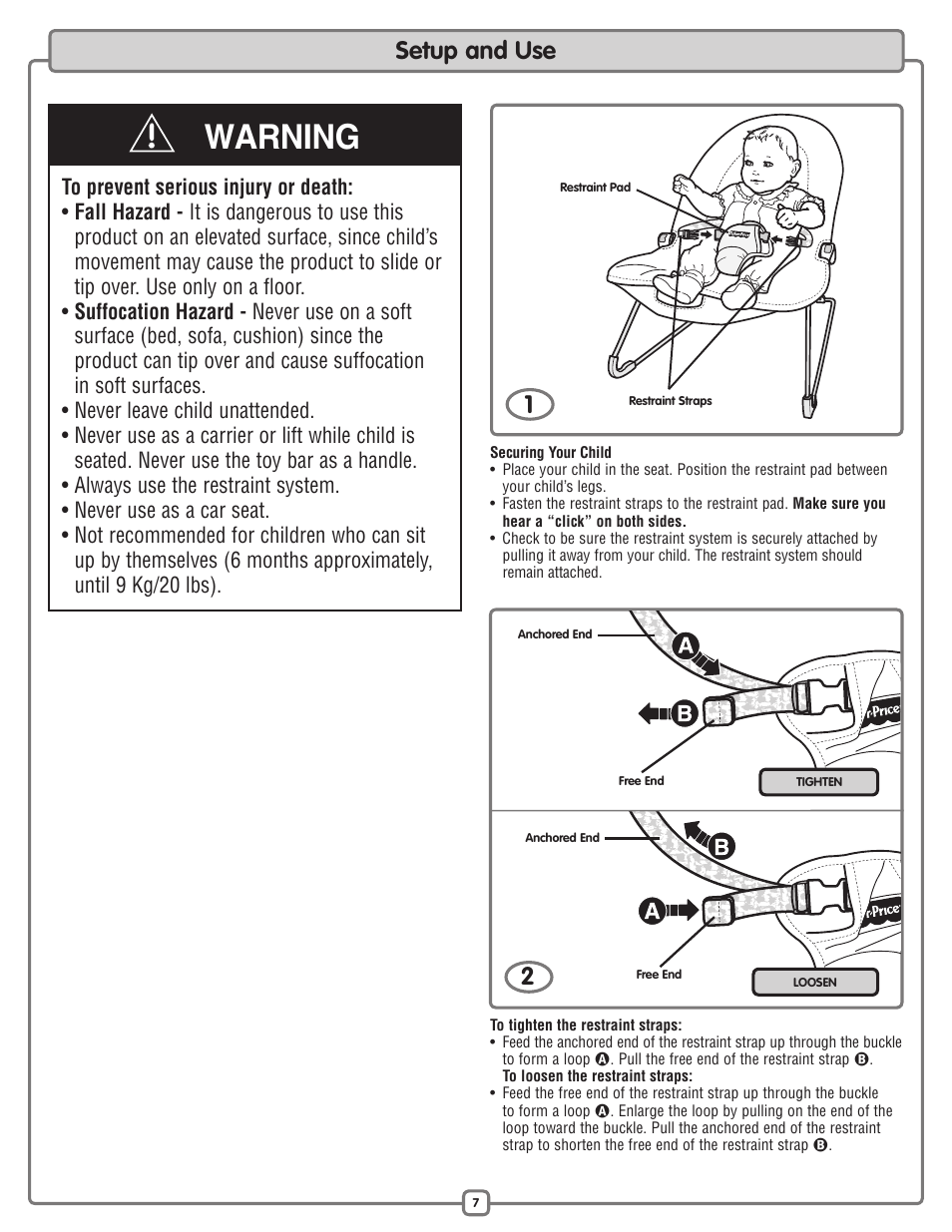 Warning, Setup and use 2 | Fisher-Price M7932 User Manual | Page 7 / 8