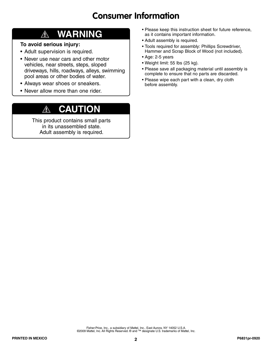 Warning, Caution, Consumer information | Fisher-Price P6831 User Manual | Page 2 / 8