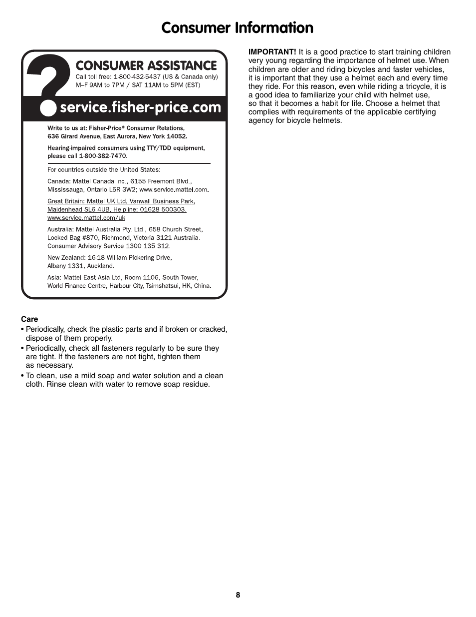 Consumer information | Fisher-Price P6831 User Manual | Page 8 / 8
