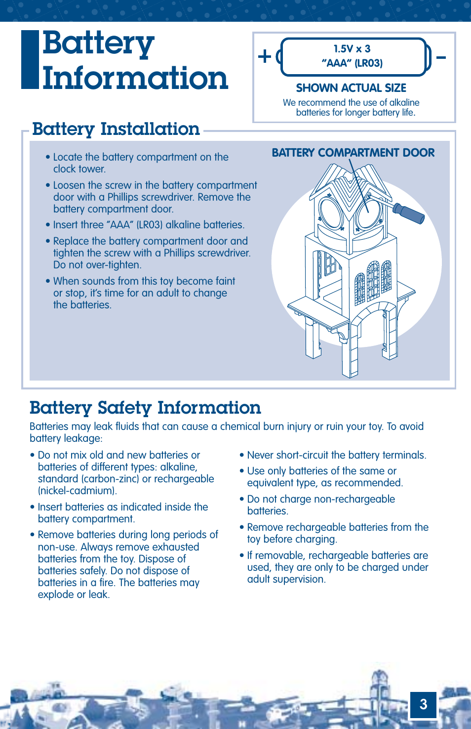 Battery information, Battery installation, Battery safety information | Fisher-Price GEOTRAX C5218 User Manual | Page 3 / 8