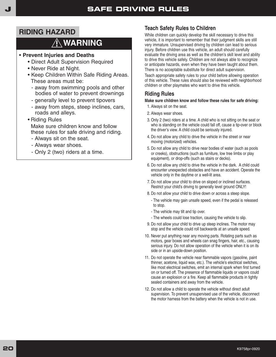 Warning, Riding hazard, Safe driving rules | Teach safety rules to children, Riding rules | Fisher-Price K4563 User Manual | Page 20 / 28