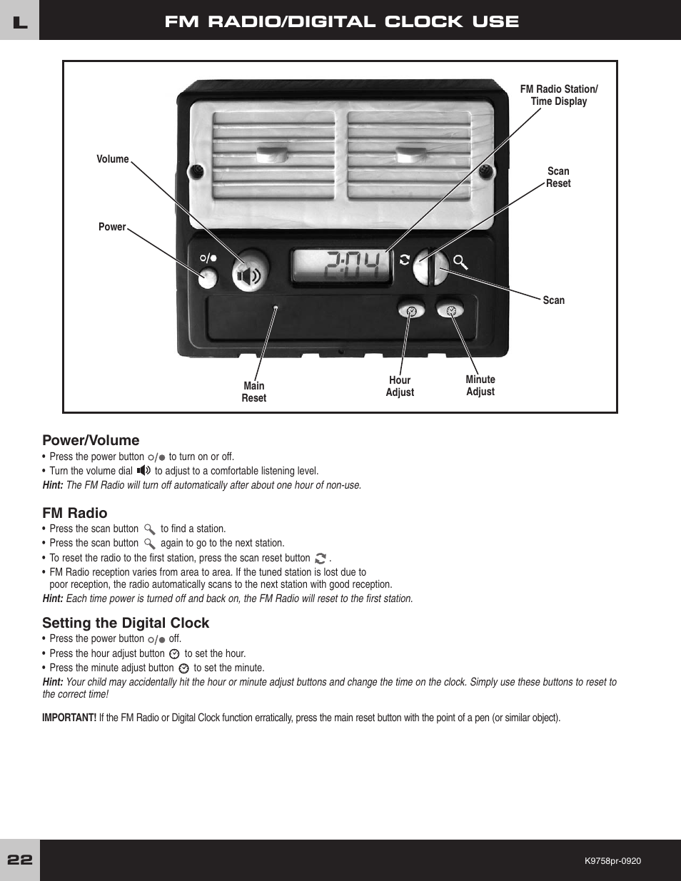 Fm radio/digital clock use, Power/volume, Fm radio | Setting the digital clock | Fisher-Price K4563 User Manual | Page 22 / 28