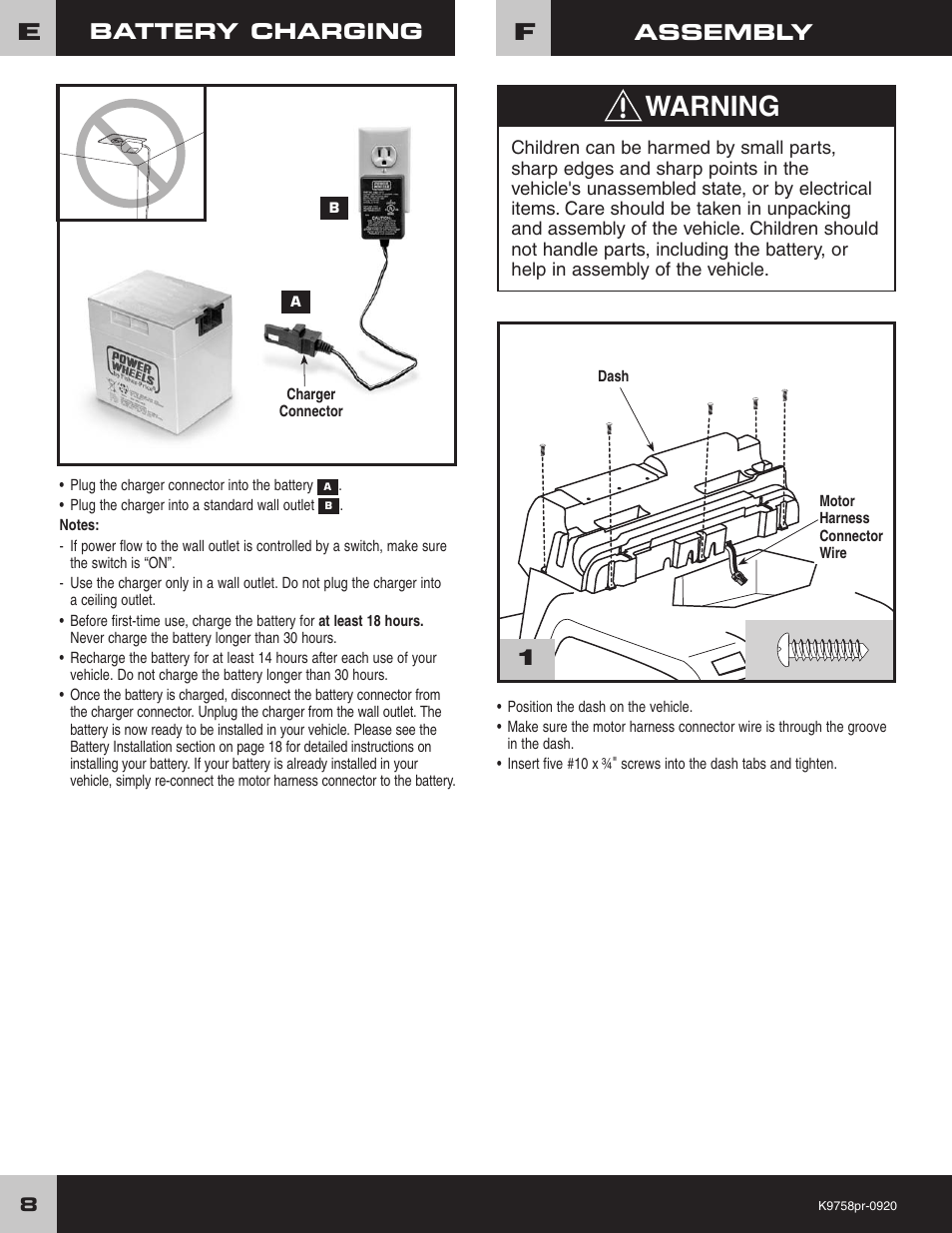 Warning, Assembly battery charging | Fisher-Price K4563 User Manual | Page 8 / 28