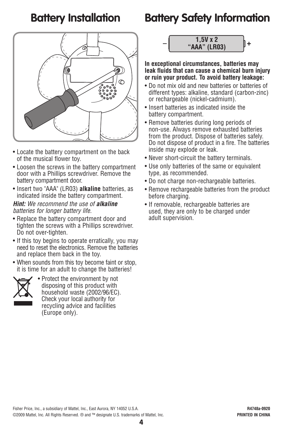 Battery safety information battery installation | Fisher-Price R4748 User Manual | Page 4 / 6