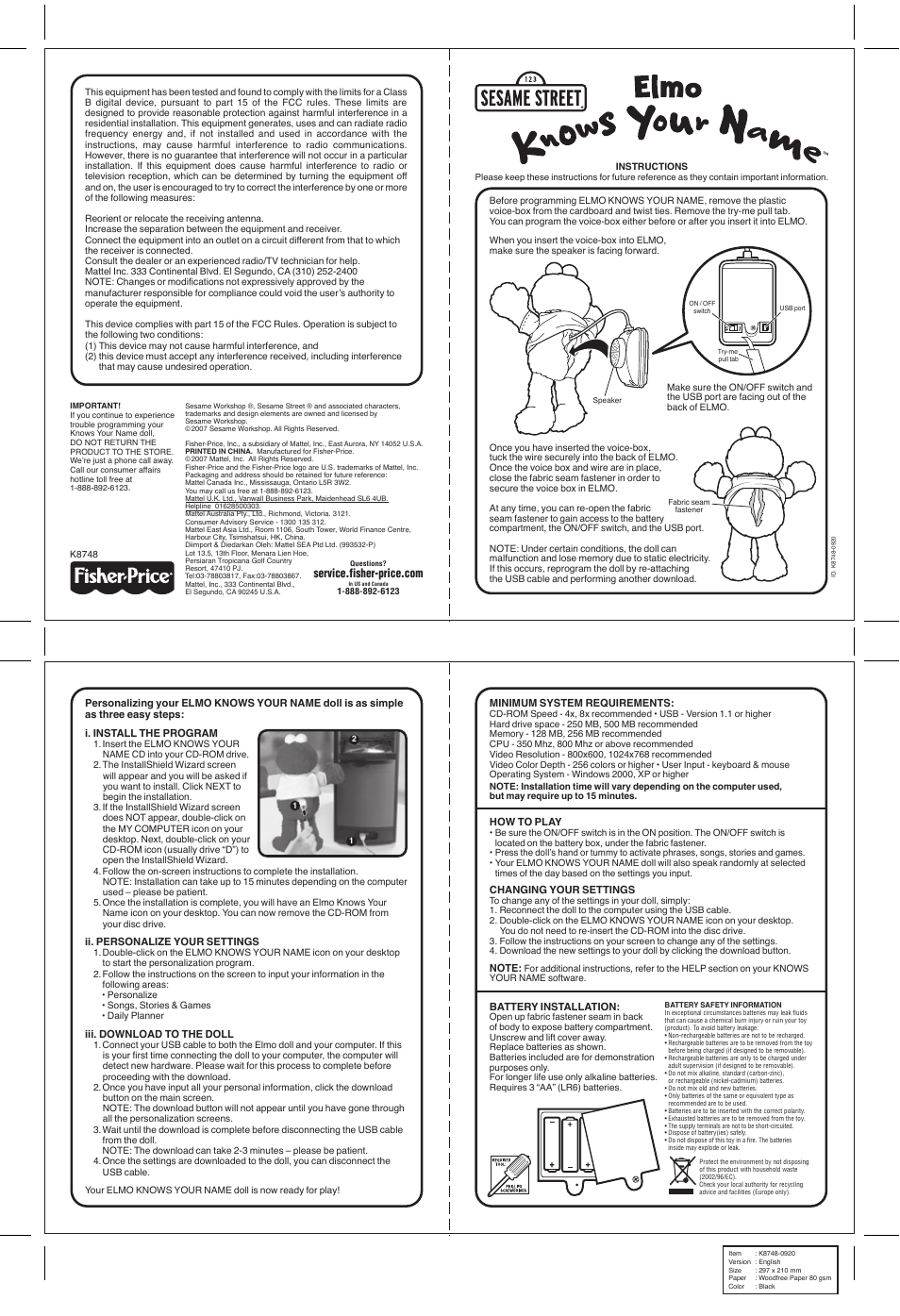 Fisher-Price K8748-0920 User Manual | 1 page