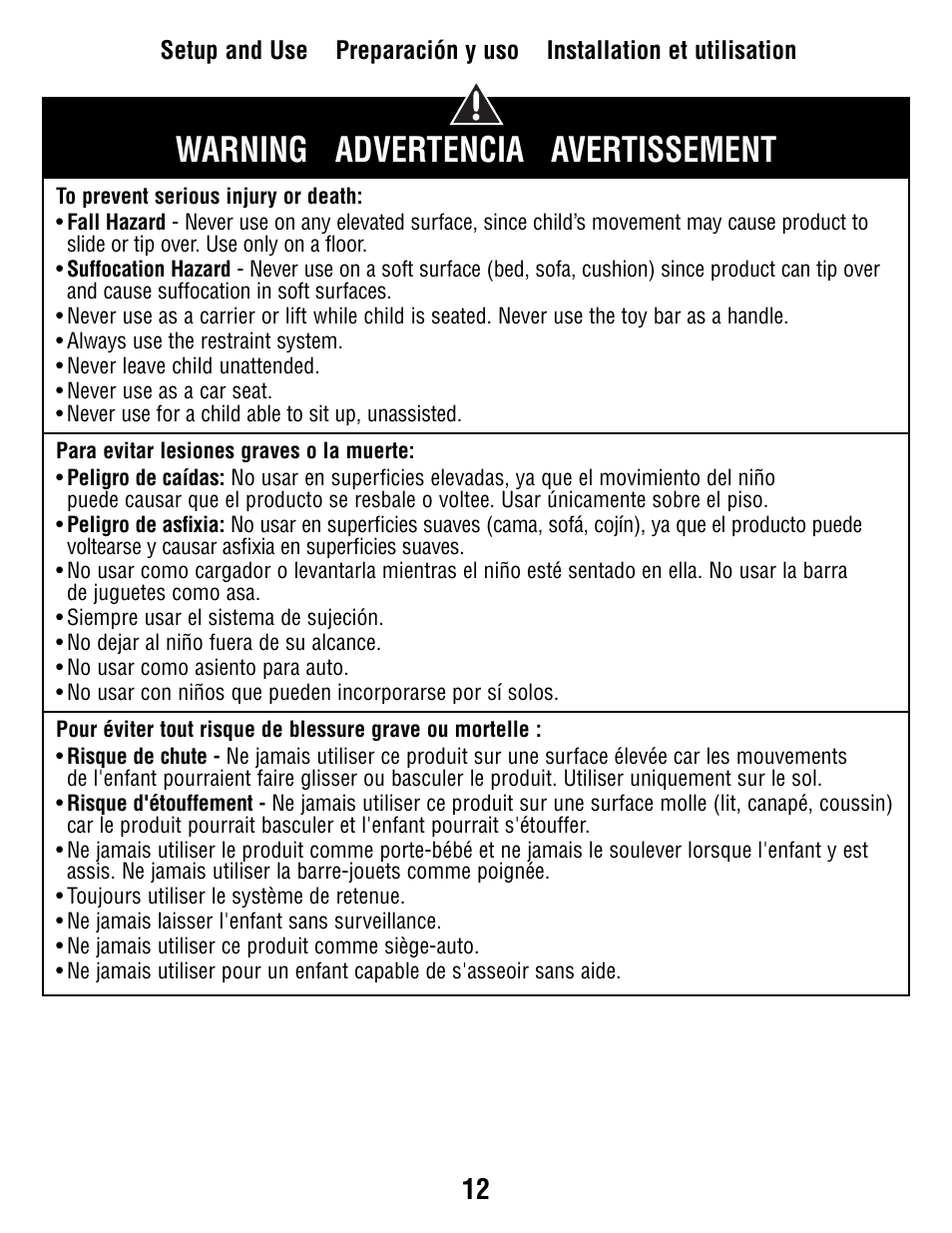 Warning advertencia avertissement | Fisher-Price R9949 User Manual | Page 12 / 16