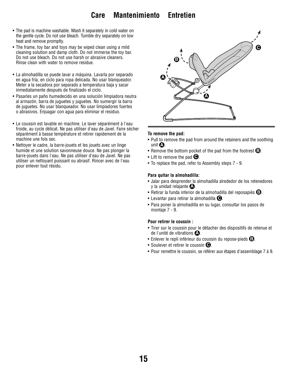 Care mantenimiento entretien | Fisher-Price R9949 User Manual | Page 15 / 16