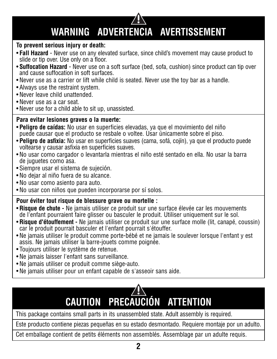 Warning advertencia avertissement, Caution precaución attention | Fisher-Price R9949 User Manual | Page 2 / 16