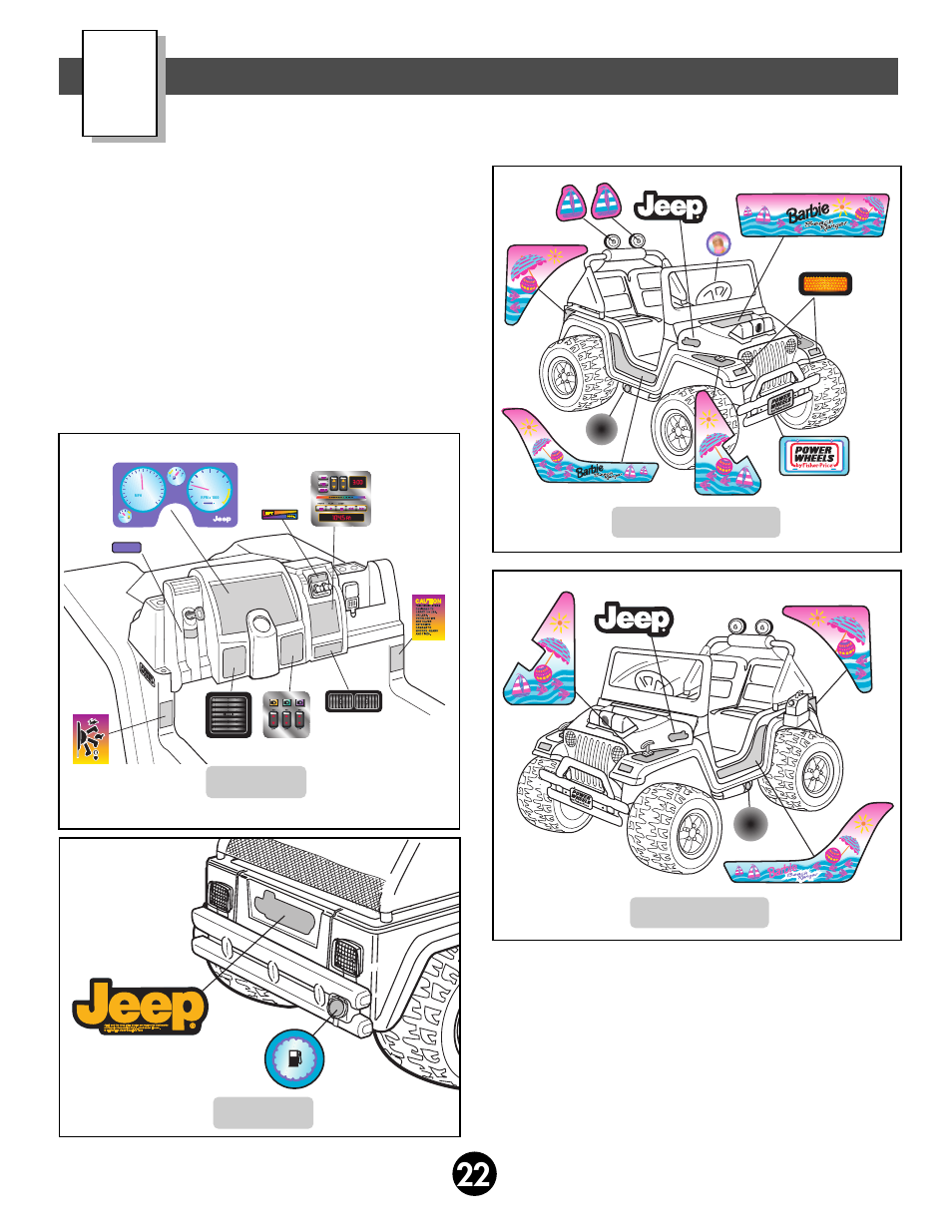 Label decoration, Left side view right side view back view, Dash view | Fisher-Price BARBIE BEACH RANGER 78477 User Manual | Page 22 / 36