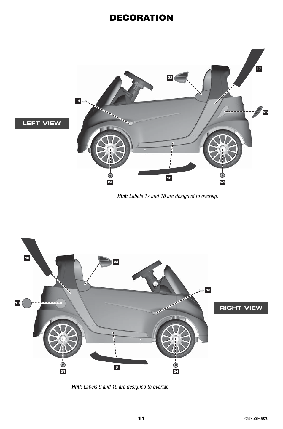 Decoration, Hint: labels 17 and 18 are designed to overlap, Hint: labels 9 and 10 are designed to overlap | Fisher-Price SMART FORTWO P2896 User Manual | Page 11 / 20