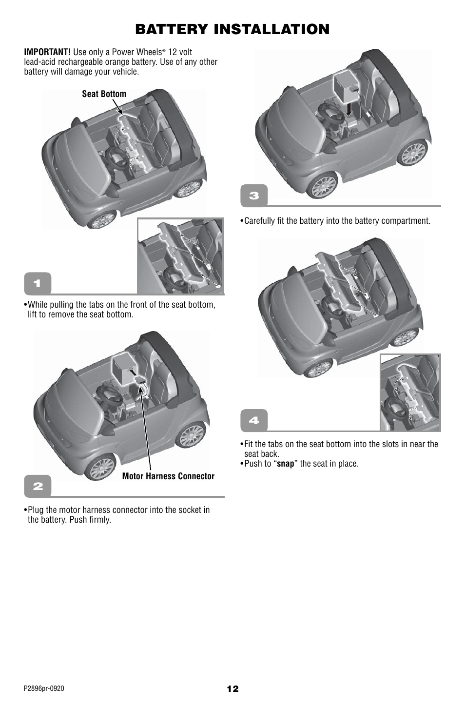 Battery installation | Fisher-Price SMART FORTWO P2896 User Manual | Page 12 / 20