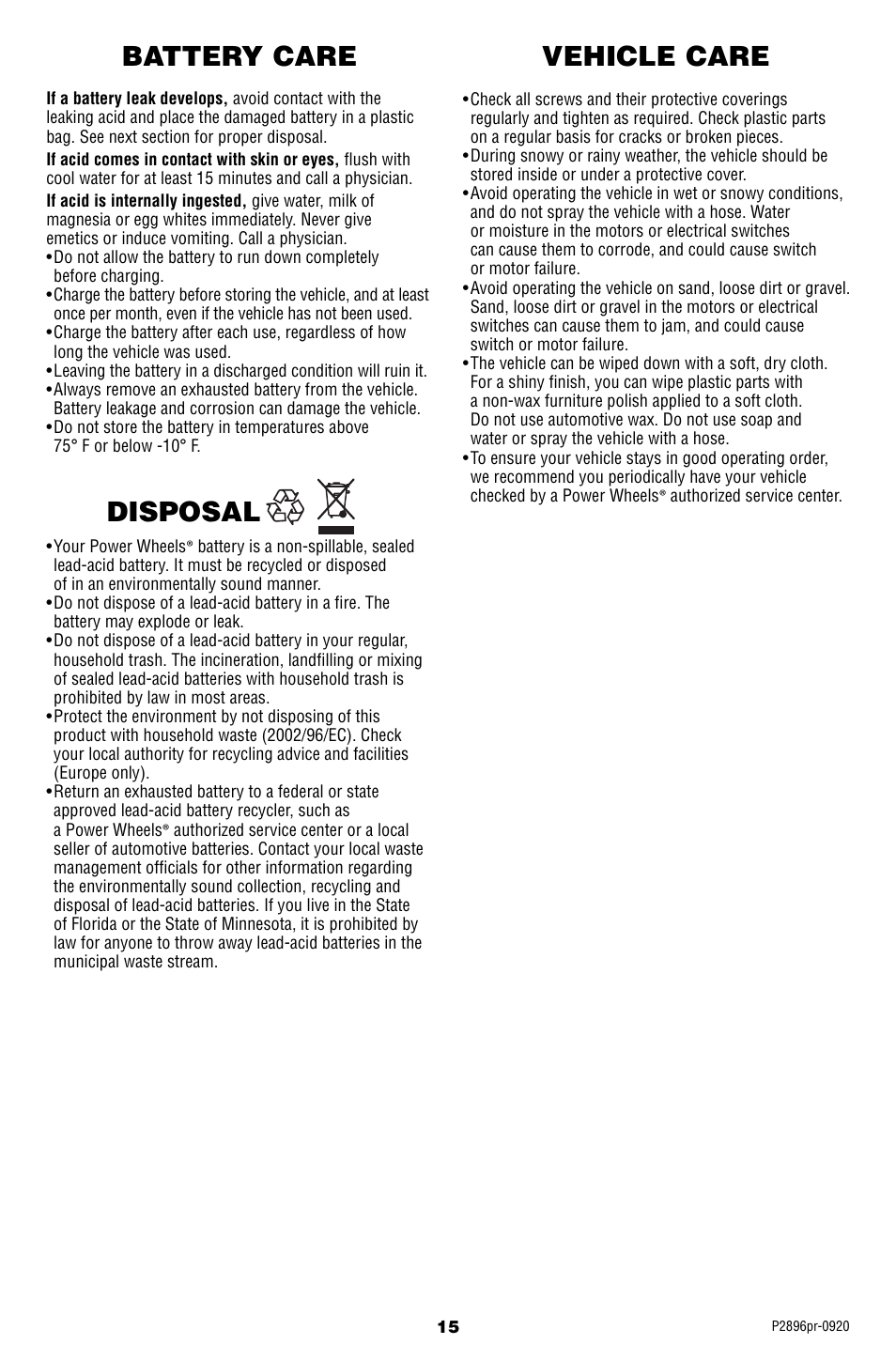 Disposal, Battery care, Vehicle care | Fisher-Price SMART FORTWO P2896 User Manual | Page 15 / 20