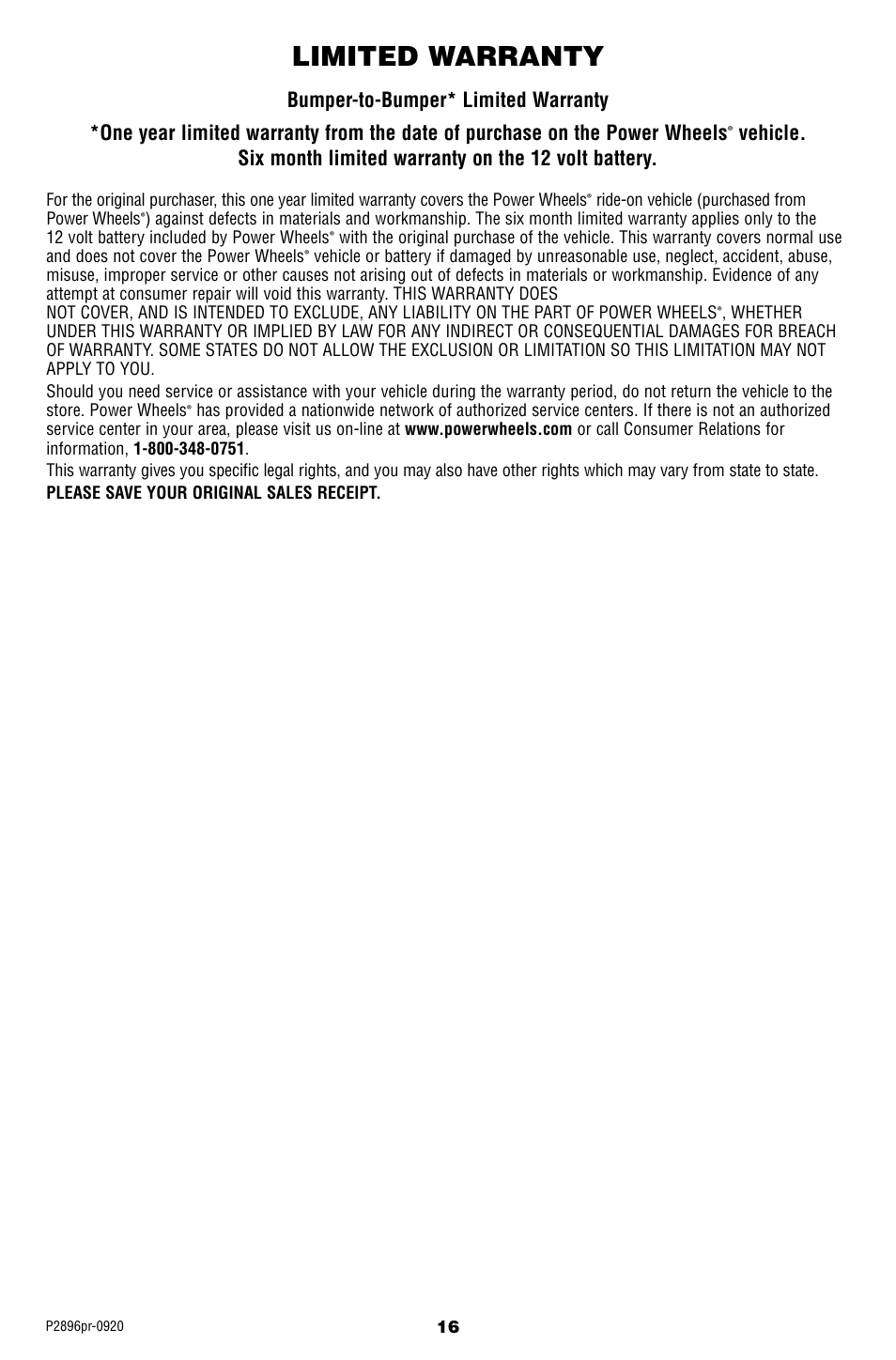 Limited warranty | Fisher-Price SMART FORTWO P2896 User Manual | Page 16 / 20