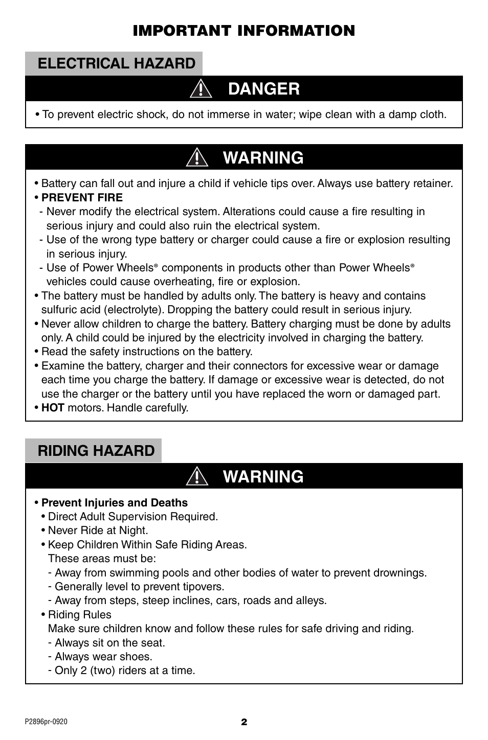 Danger warning warning | Fisher-Price SMART FORTWO P2896 User Manual | Page 2 / 20