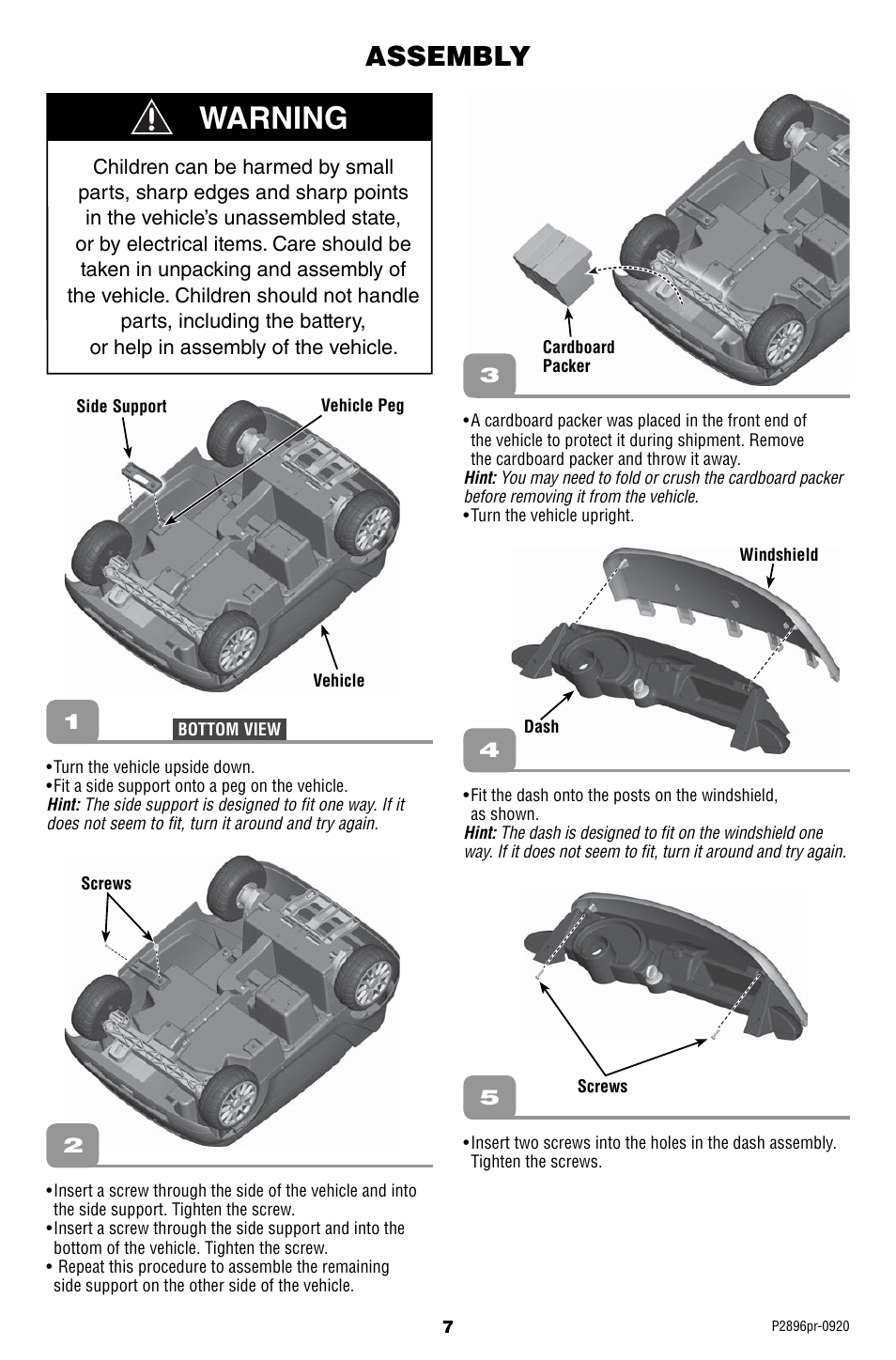 Warning, Assembly | Fisher-Price SMART FORTWO P2896 User Manual | Page 7 / 20