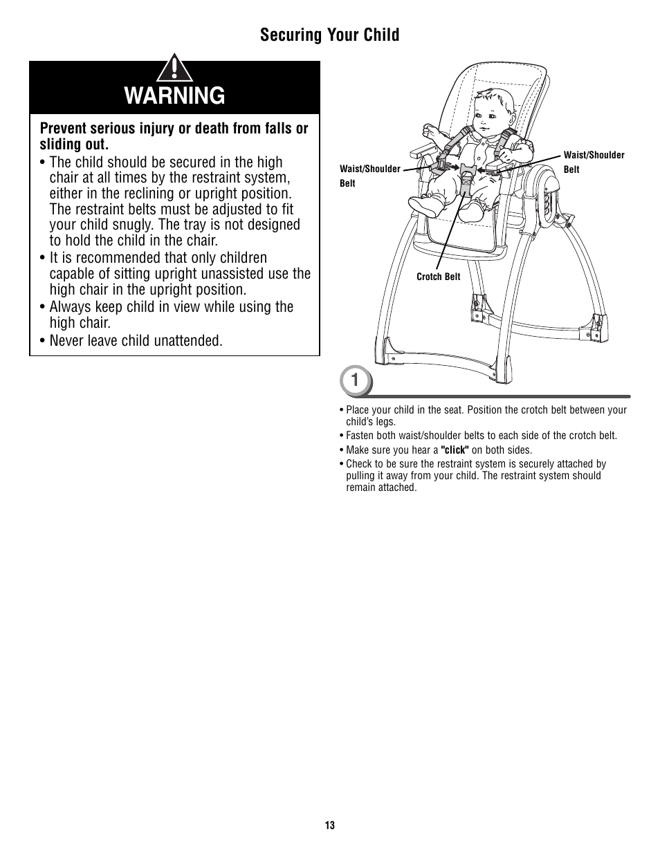 Warning, Securing your child | Fisher-Price P4259 User Manual | Page 13 / 20