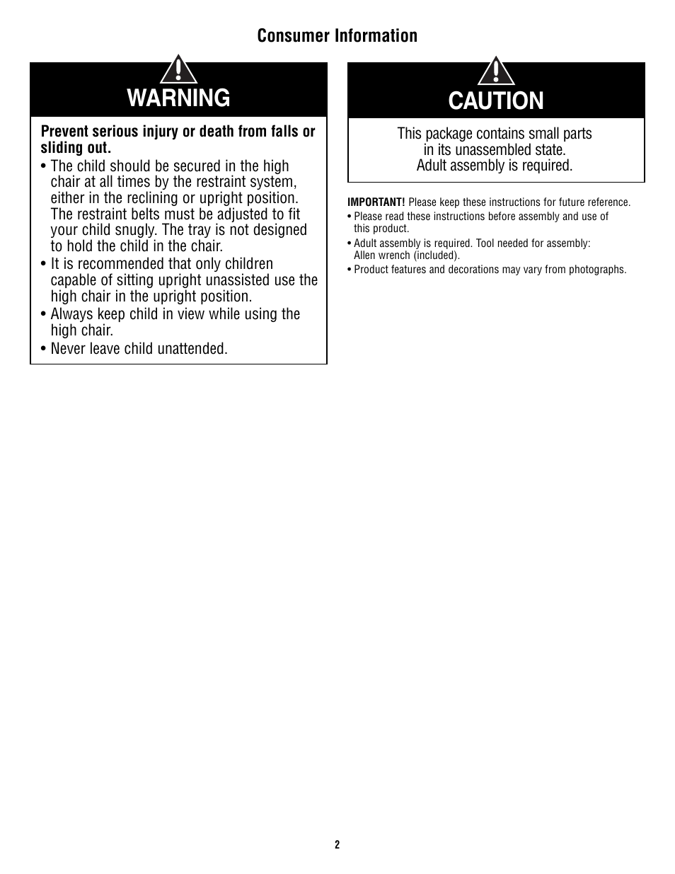 Warning, Caution, Consumer information | Fisher-Price P4259 User Manual | Page 2 / 20