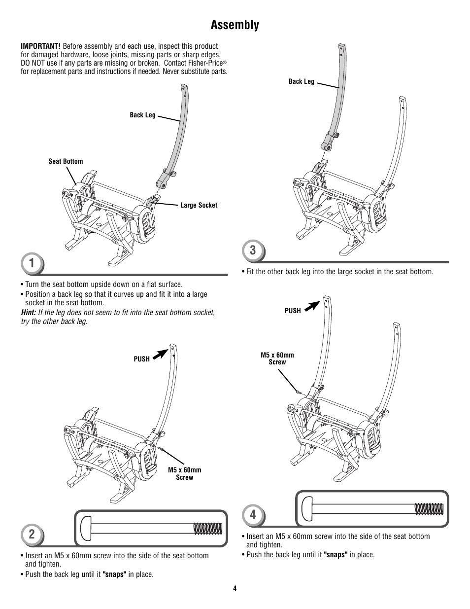 Assembly 1 3 4 2 | Fisher-Price P4259 User Manual | Page 4 / 20