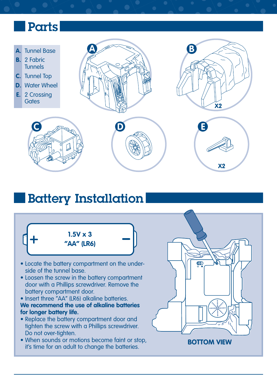 Parts, Battery installation | Fisher-Price GEOTRAX J2527 User Manual | Page 2 / 6