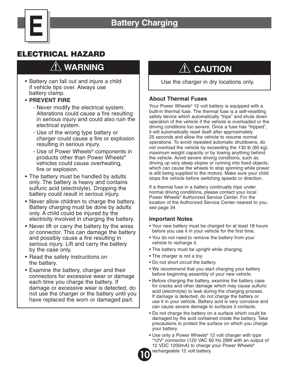 Battery charging, Caution, Warning | Electrical hazard | Fisher-Price BARBIE KEEP BEACH RANGER 78478 User Manual | Page 10 / 38