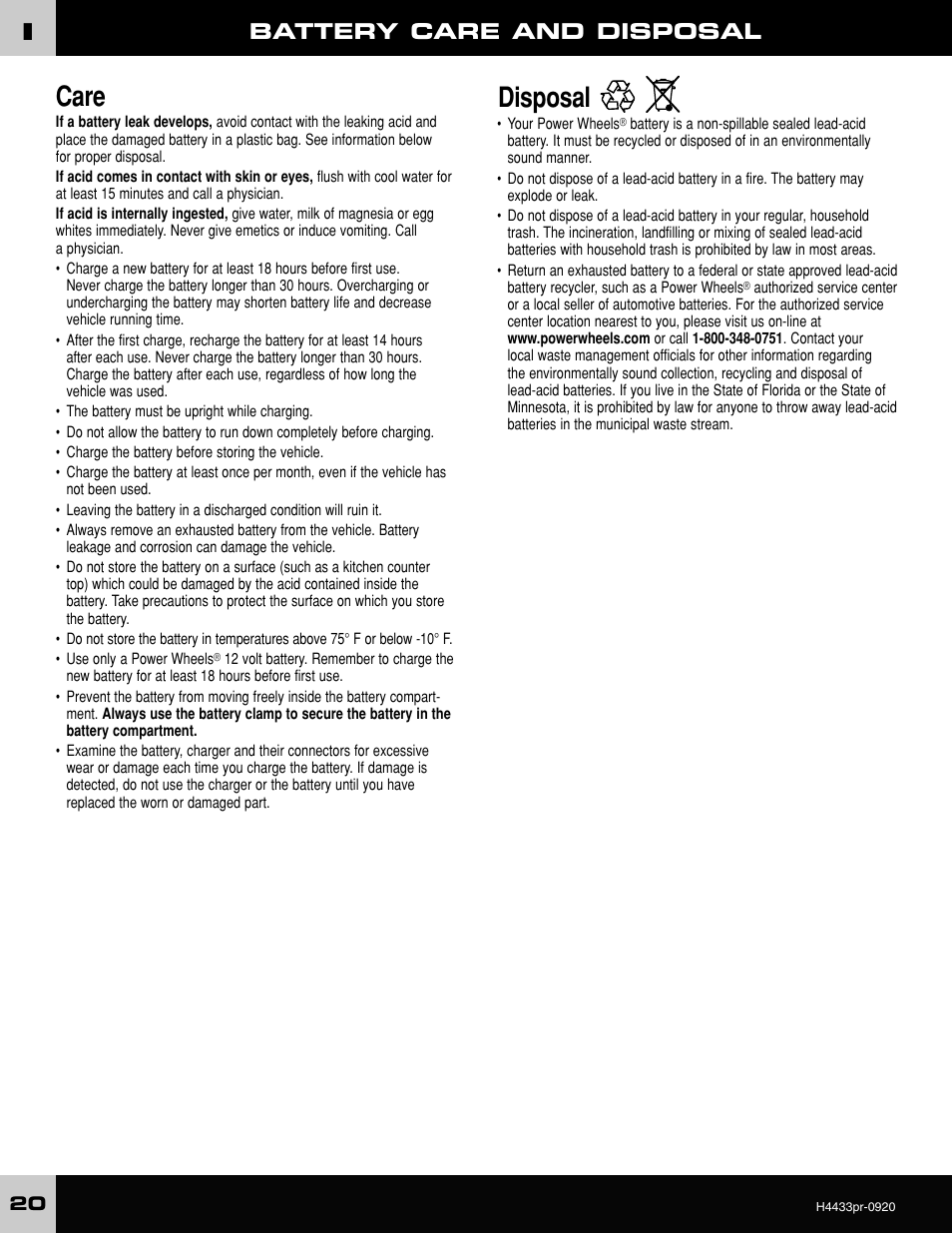 Care, Disposal, Battery care and disposal | Fisher-Price H4433 User Manual | Page 20 / 28