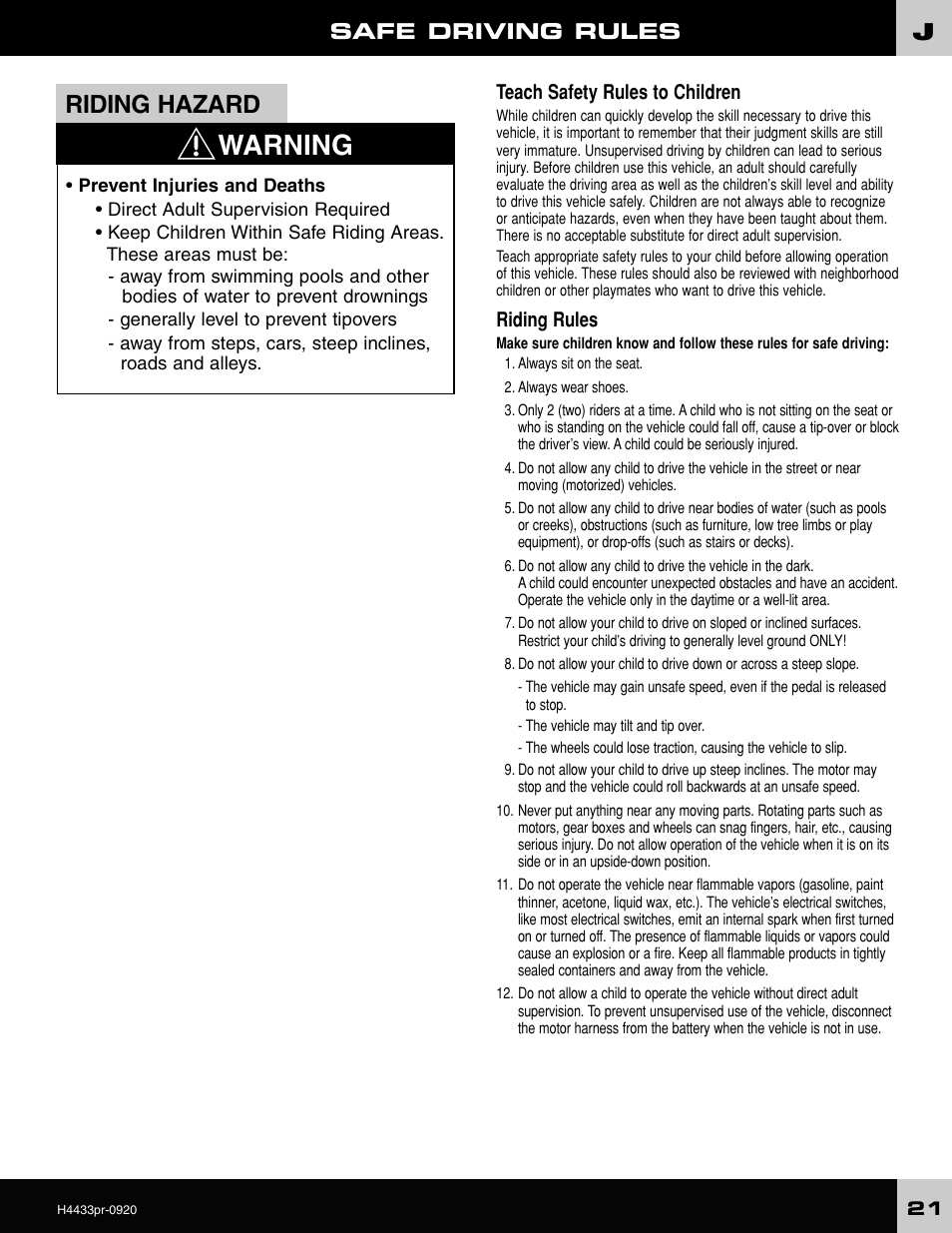 Warning, Riding hazard, Safe driving rules | Teach safety rules to children, Riding rules | Fisher-Price H4433 User Manual | Page 21 / 28