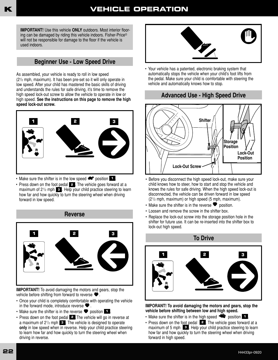 Vehicle operation, Reverse, Beginner use - low speed drive | Advanced use - high speed drive | Fisher-Price H4433 User Manual | Page 22 / 28
