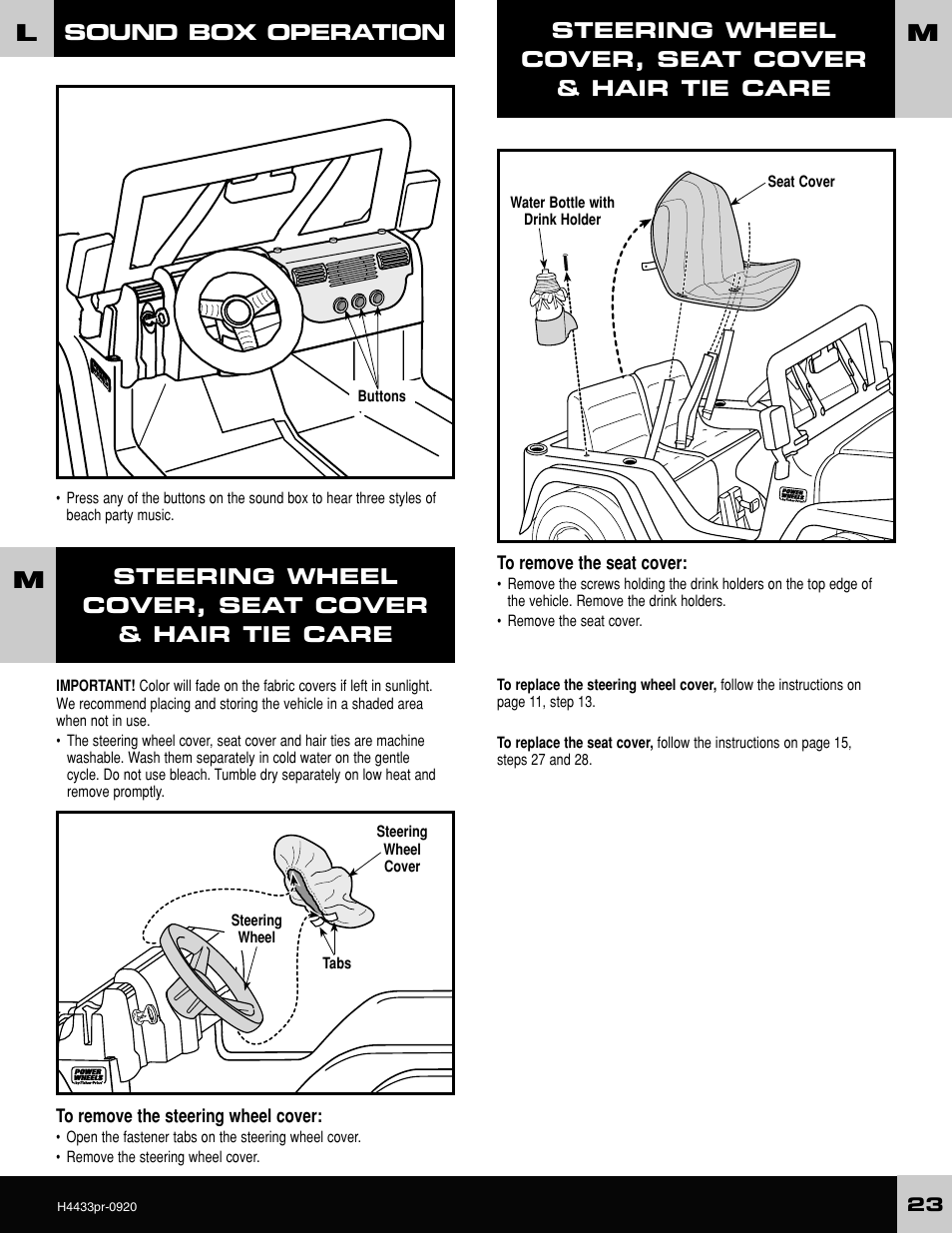 Sound box operation, Steering wheel cover, seat cover & hair tie care | Fisher-Price H4433 User Manual | Page 23 / 28