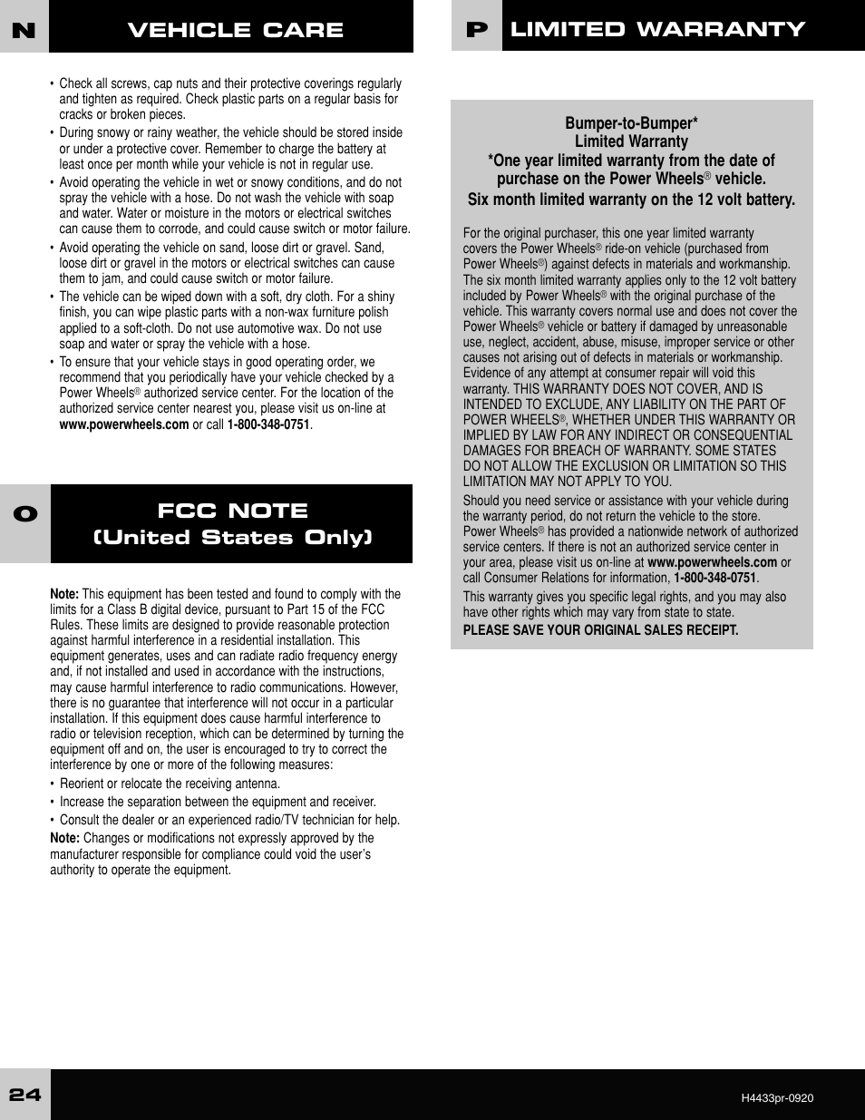 Vehicle care, Limited warranty | Fisher-Price H4433 User Manual | Page 24 / 28