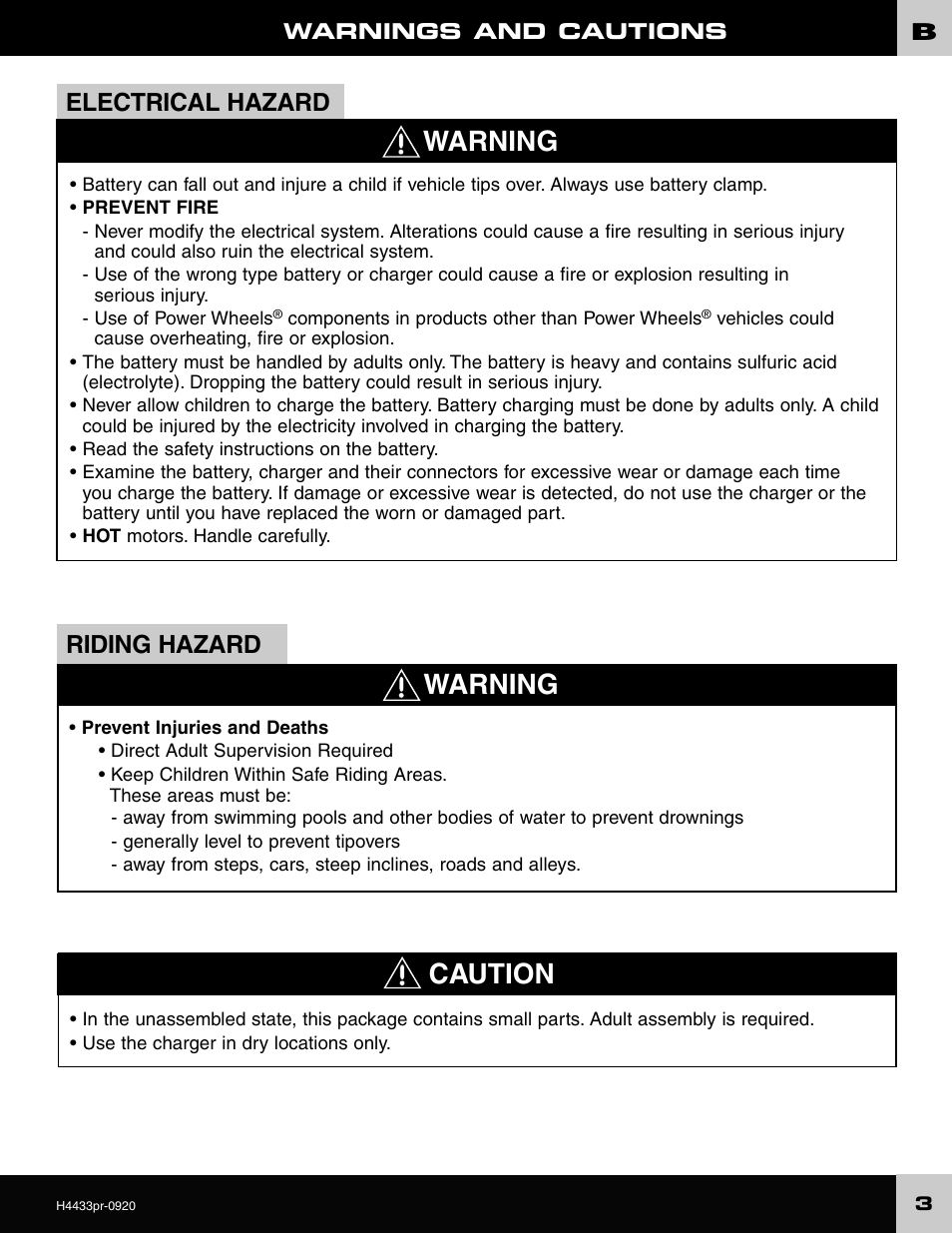 Warning caution, Warning, Electrical hazard | Riding hazard | Fisher-Price H4433 User Manual | Page 3 / 28