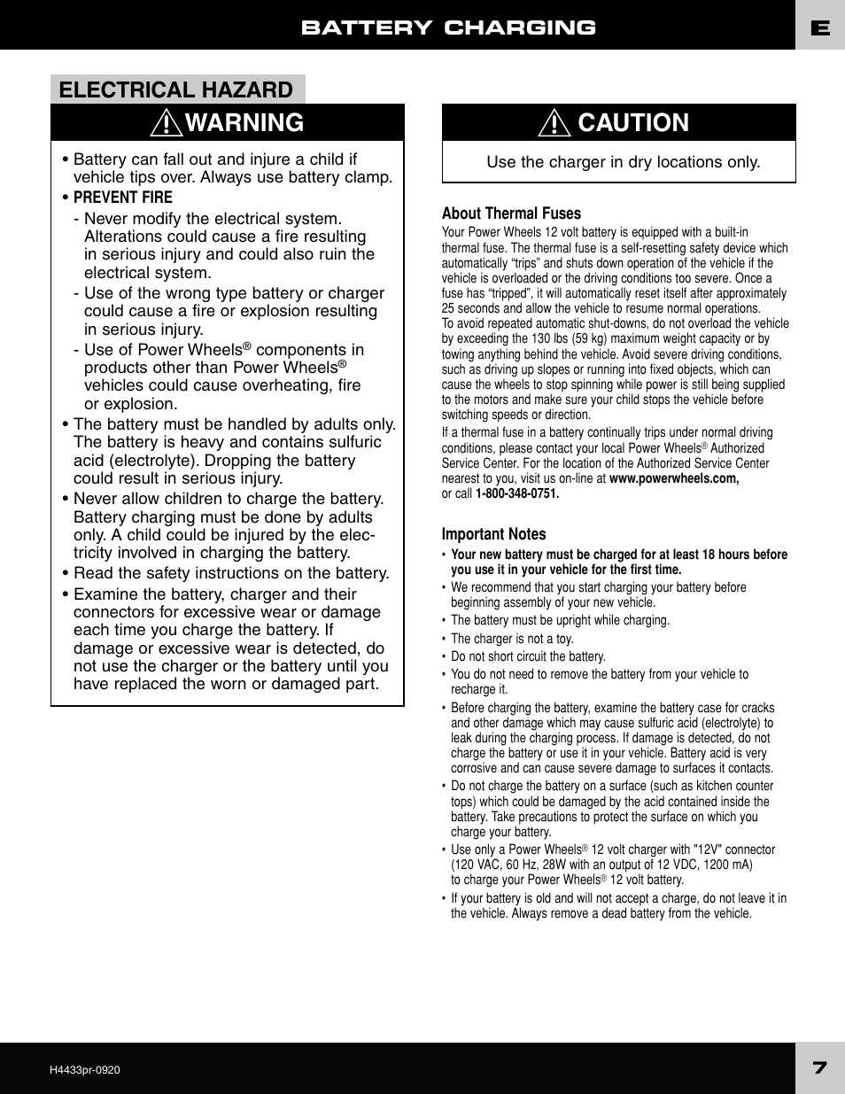 Warning caution, Electrical hazard, Battery charging | Fisher-Price H4433 User Manual | Page 7 / 28