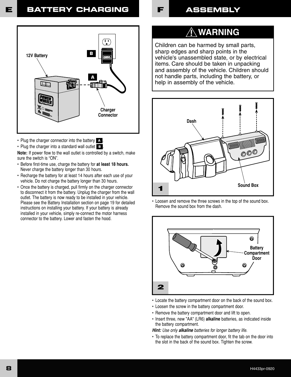 Warning, Assembly battery charging | Fisher-Price H4433 User Manual | Page 8 / 28