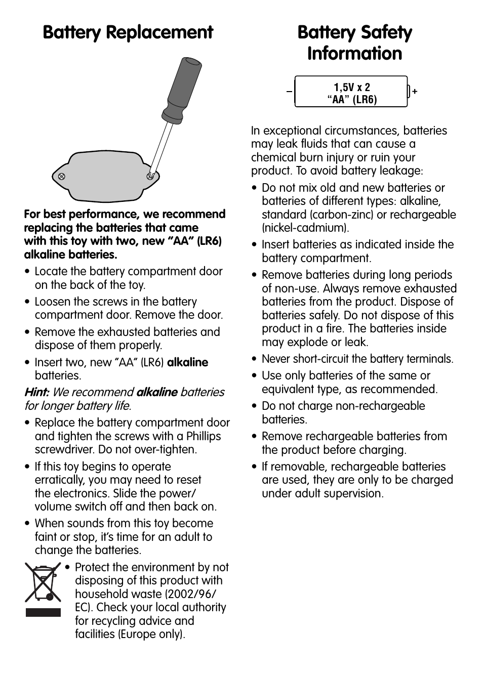 Battery replacement, Battery safety information | Fisher-Price V3669 User Manual | Page 2 / 4