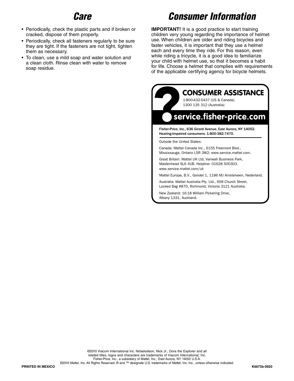 Consumer information, Care, Consumer assistance | Fisher-Price GO DIEGO GO K6673 User Manual | Page 6 / 6