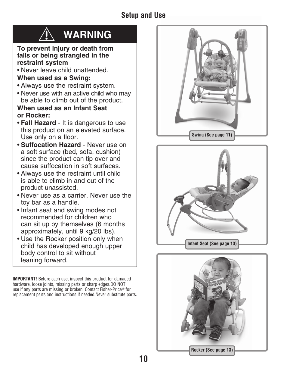 Warning, Setup and use | Fisher-Price P6946 User Manual | Page 10 / 16
