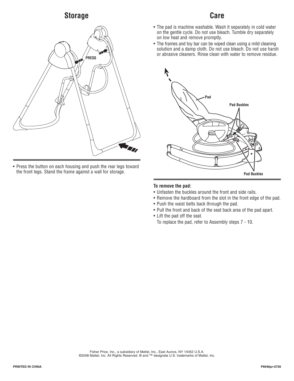 Storage, Care | Fisher-Price P6946 User Manual | Page 16 / 16